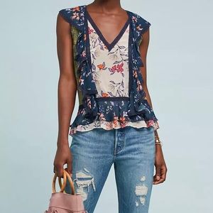 Love Sam Sheer Chiffon Floral V Neck Sleeveless Amaryllis Ruffle Hi Lo Blouse XS